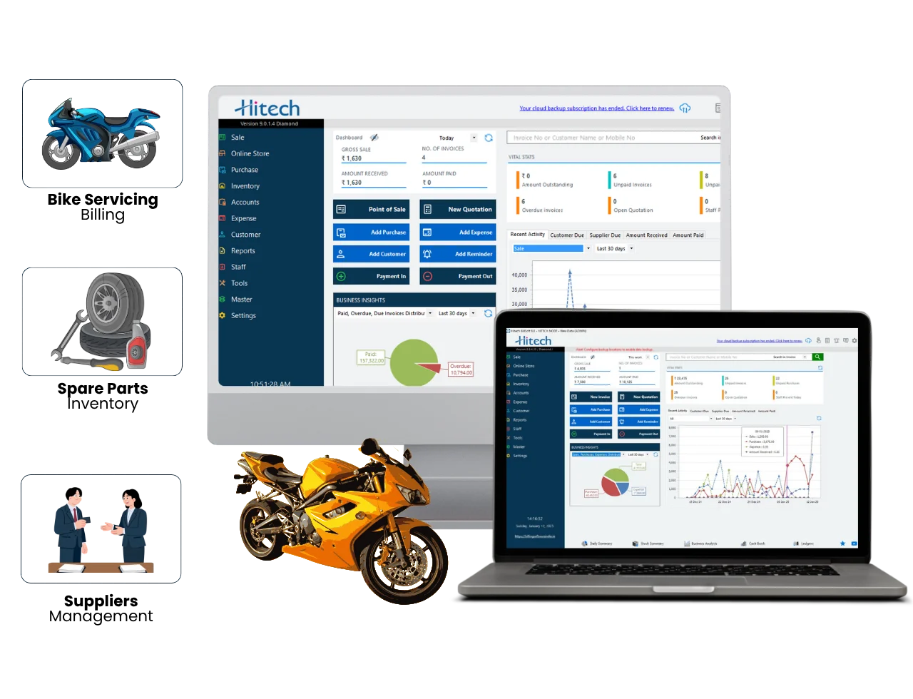 Bike servicing store billing software showing a GST invoice — Hitech BillSoft