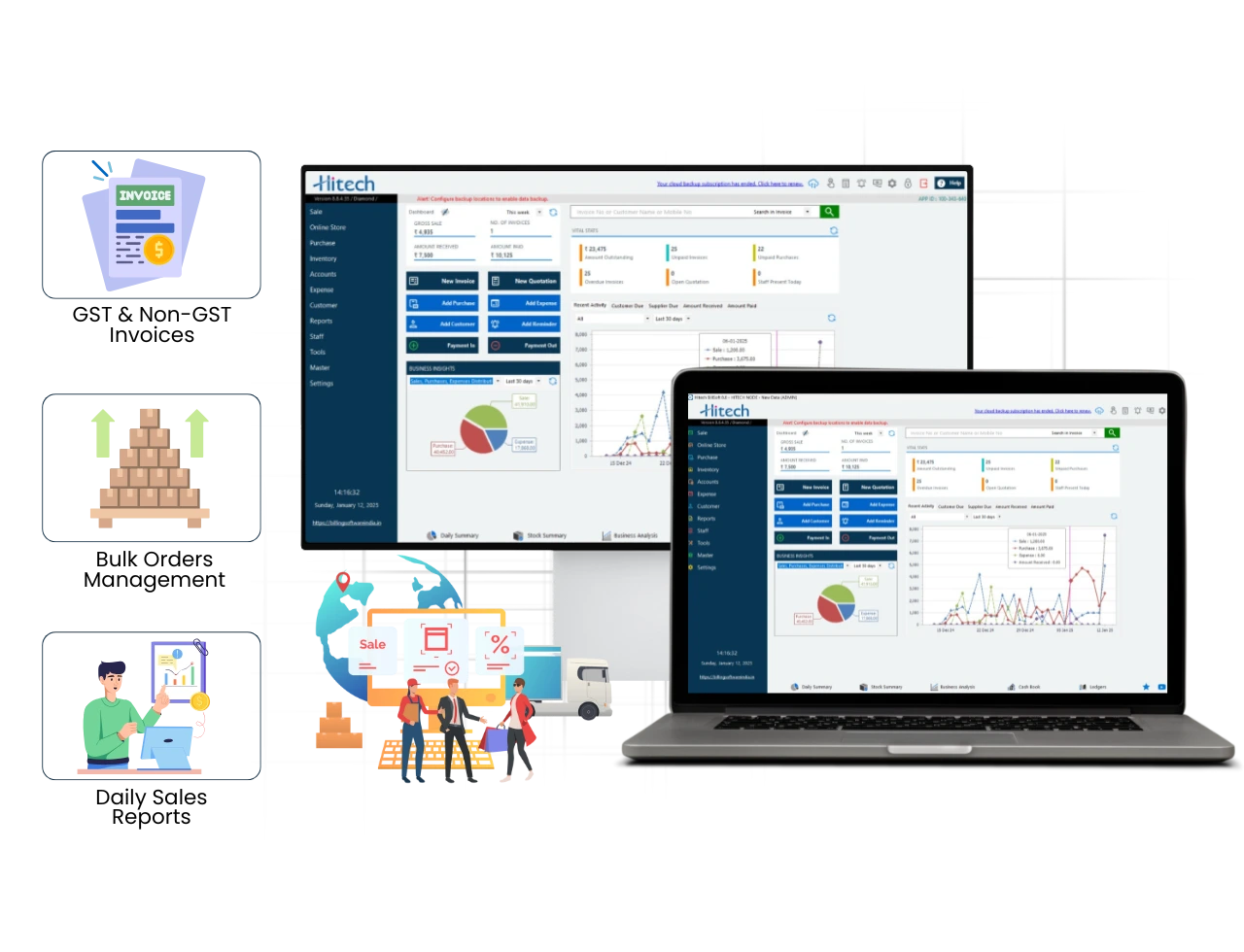 Hitech Billsoft dashboard showing bulk GST invoices, wholesale stock tracker, and multi-client payment log for a distribution business.