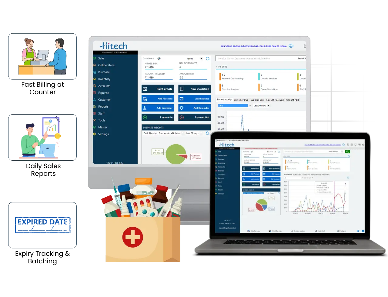 Hitech Billsoft Medical Shop Billing Software dashboard with fast billing using barcode scan, daily sales reports, and expiry tracking for all medicines.