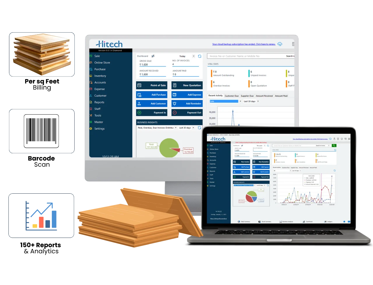 Hitech Billsoft plywood store POS software demo screenshot showing GST billing interface for hardware plywood stores