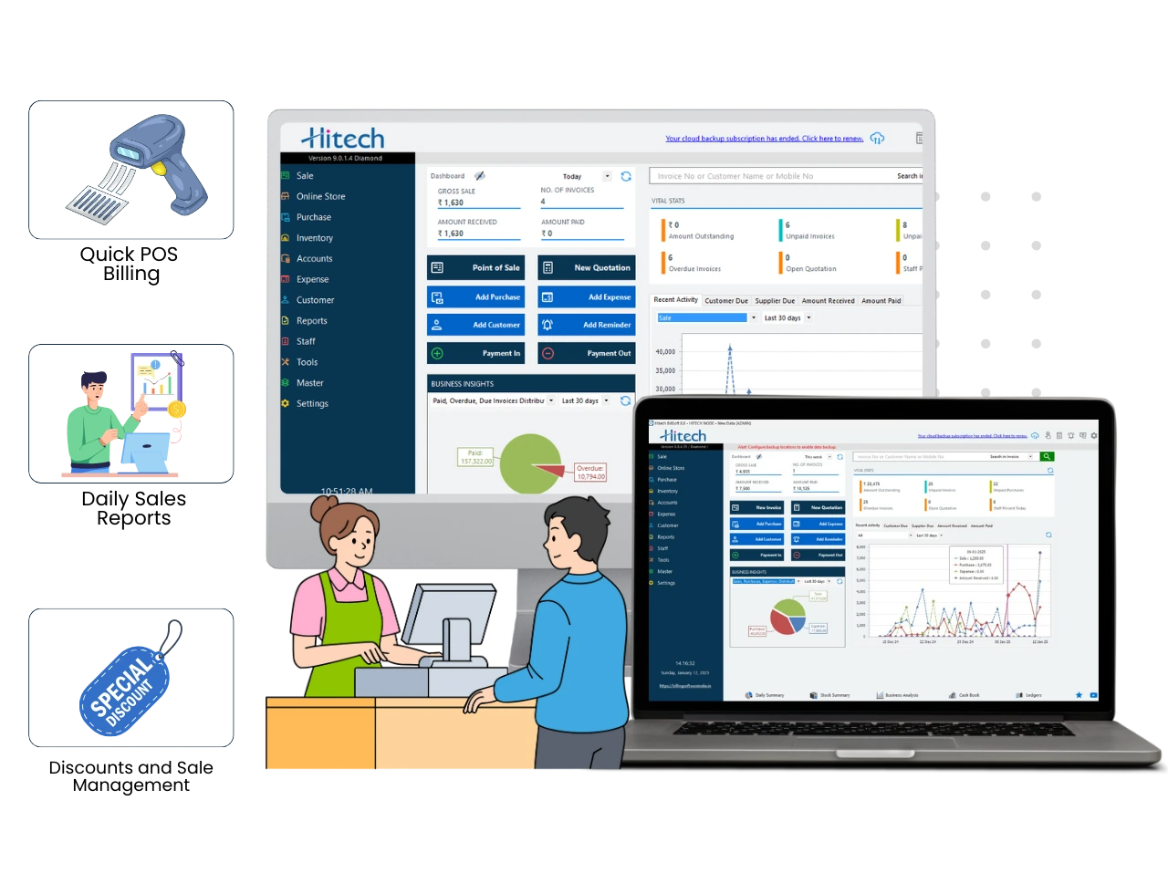 Hitech Billsoft retail shop billing software dashboard on PC and mobile, showcasing fast billing, inventory management, and sales tracking for modern stores.