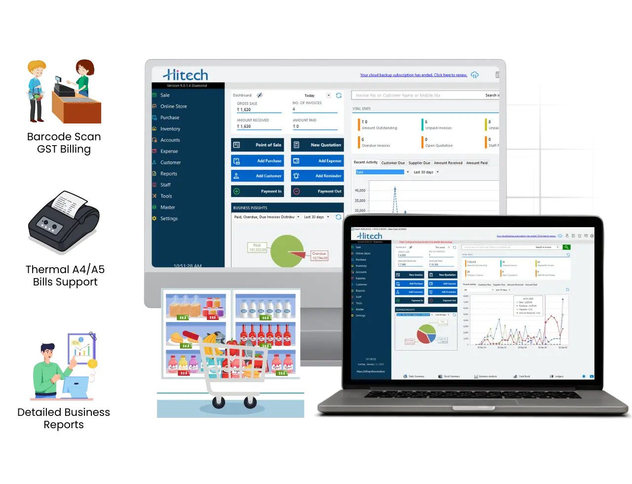 Hitech Billsoft's supermarket PoS software dashboard on a terminal, showing a clean and fast billing screen in a modern Indian grocery store.